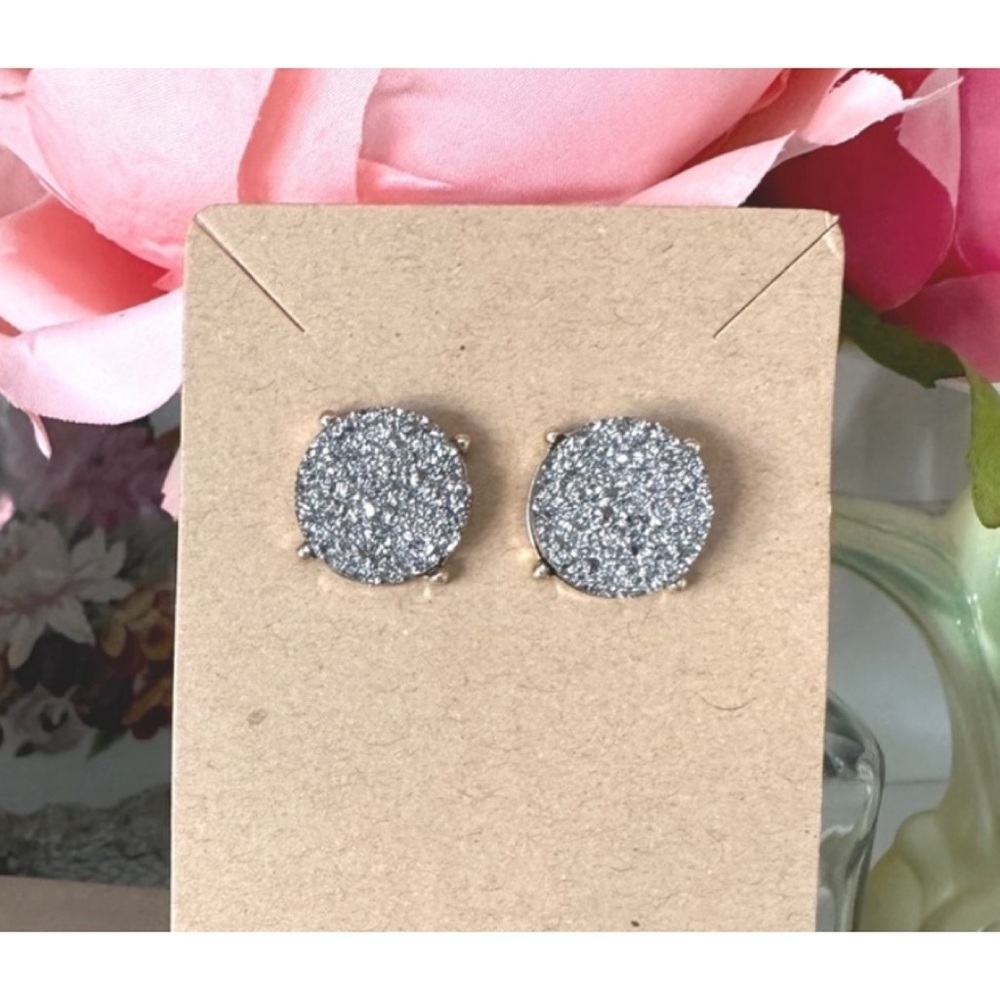 Silver Druzy Round Stud Earrings